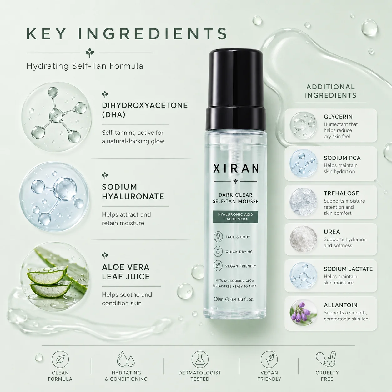 Xiran dark clear self-tan mousse highlighting key ingredients such as DHA, sodium hyaluronate, aloe vera leaf juice, and additional hydrating components.
